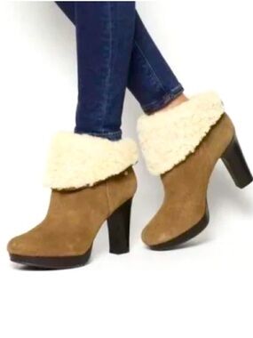 Ugg Dandylion ll Suede Heeled Boots Womens 8.5 Shearling Lined Foldover Chestnut